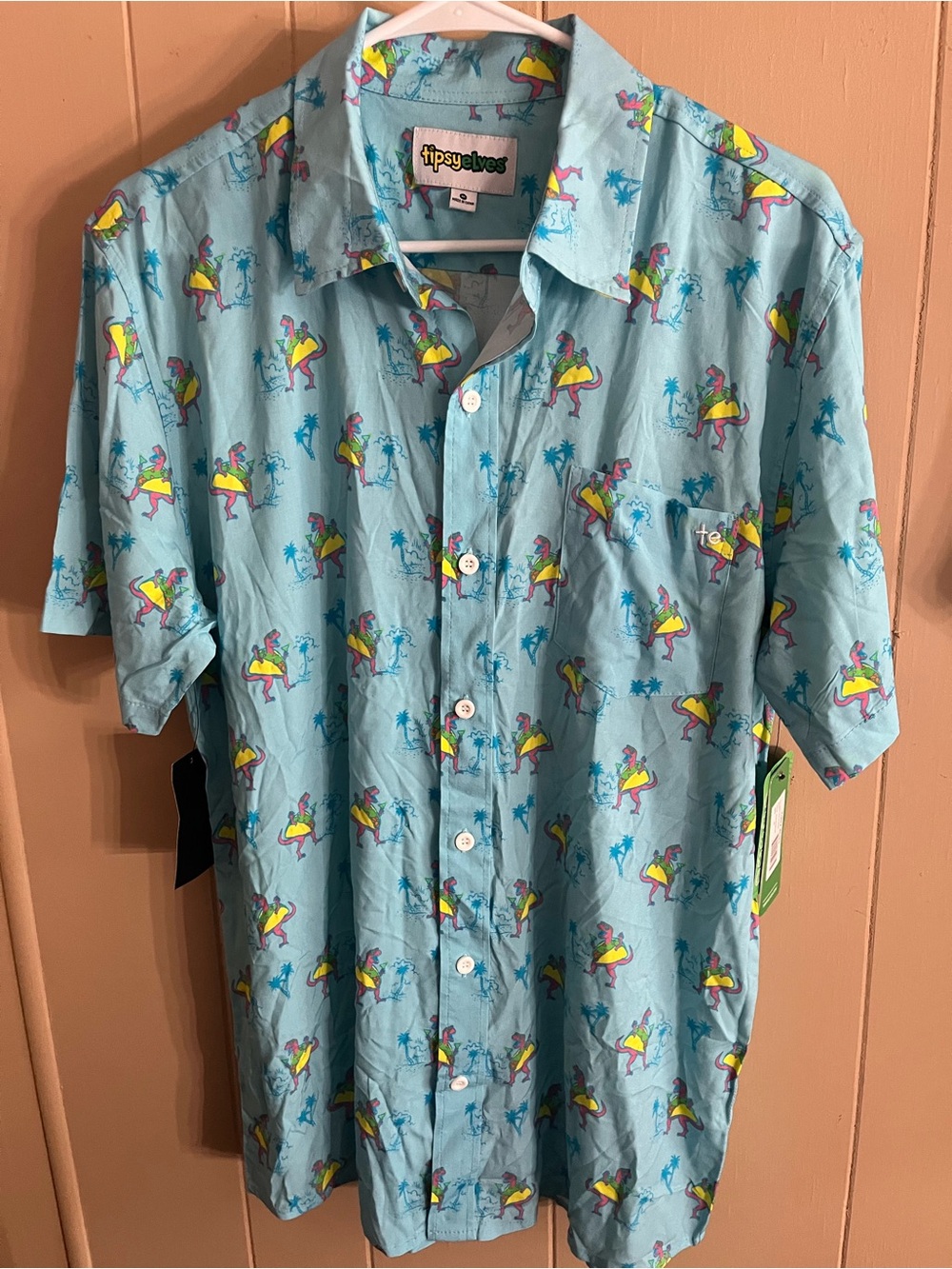 Tipsy Elves Tacosaurus Hawaiian Blue Surfboard Short-Sleeve Button-Up Shirt